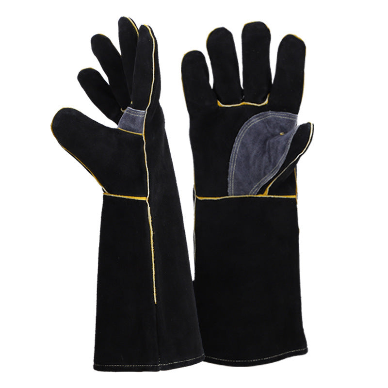 Cowhide Lengthened Patchwork BBQ Gloves Fireplace Oven