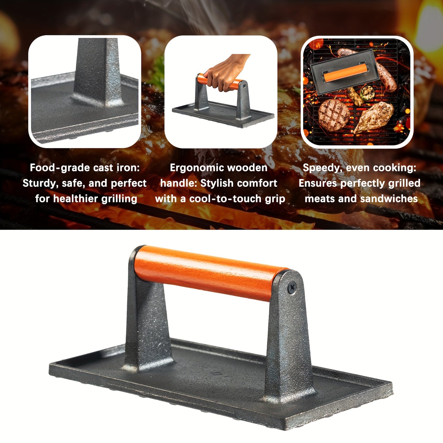 Griddle Press, Grill Press, Meat Press, Cast Iron Grill Press With Wooden Handle, Outdoor Camping BBQ Tool