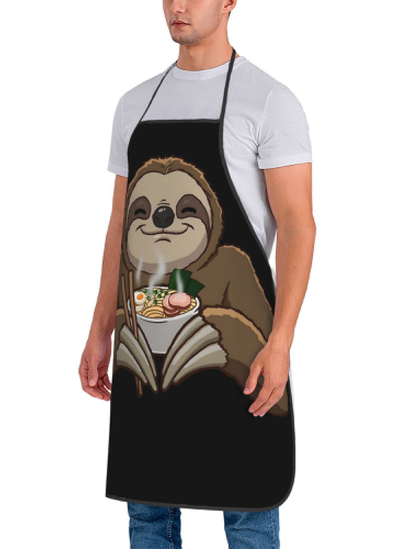 Vintage Sloth Ramen Print Apron, 100% Polyester Woven Fabric, Adjustable Cooking Apron for Household Use