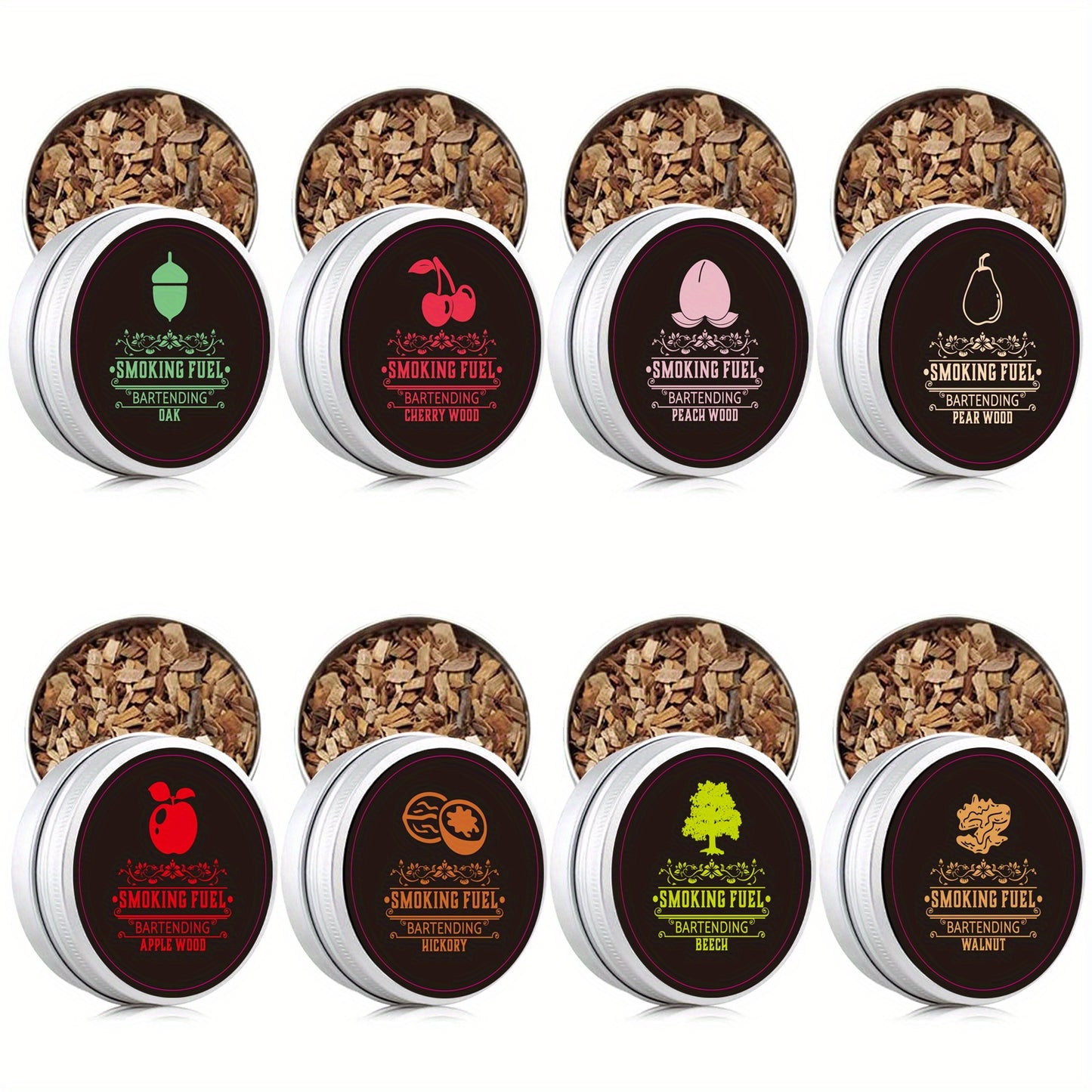 8pcs, Smoked Cocktail Saw Chips, 8 Flavors Saw Chips Including Cherry, Apple, Pecan, Beech, Pear, Walnut, Peach, Oak, BBQ Wood Chips For Smoking, Popular Medium-sized Wood Chips