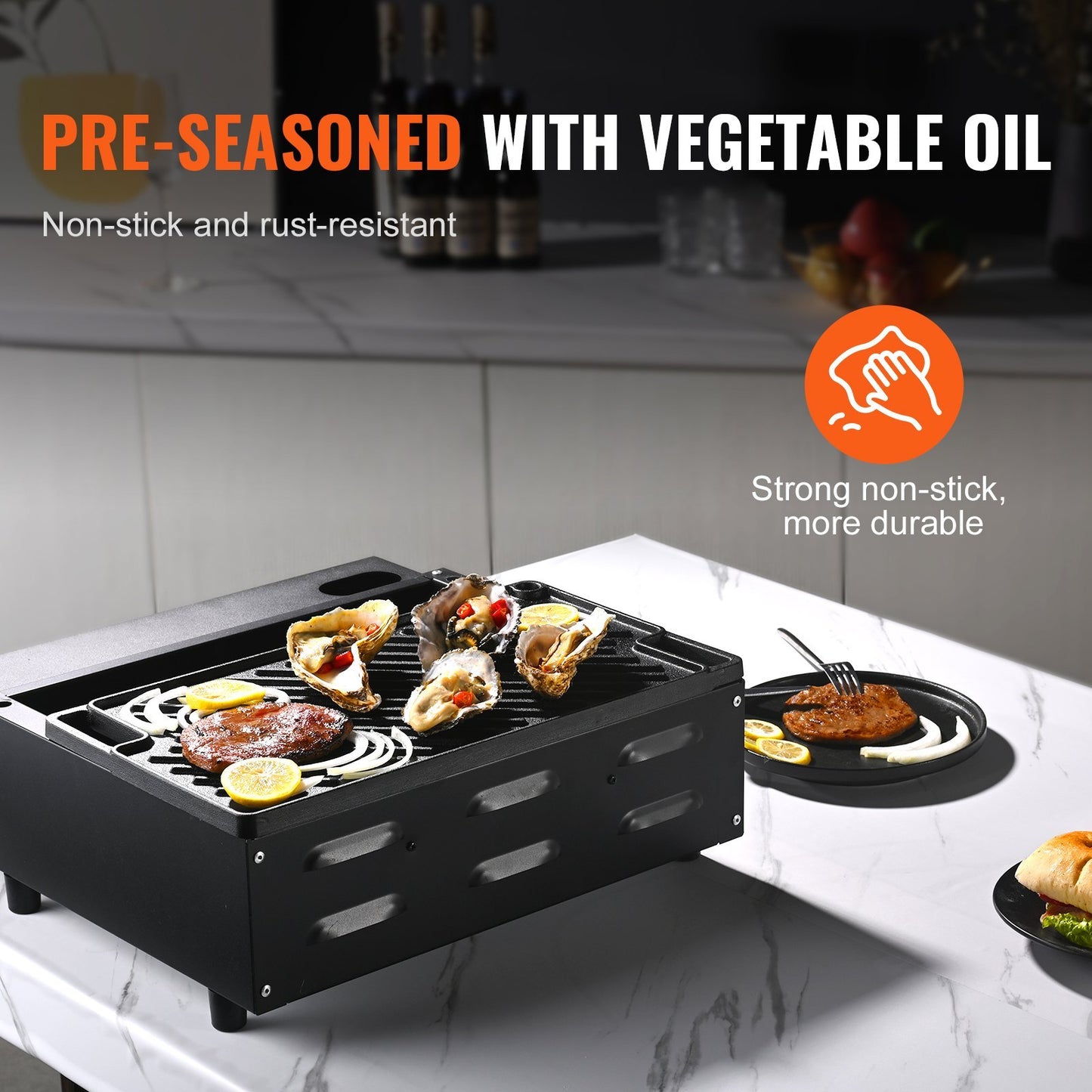VEVOR Reversible Grill Griddle, Pre-Seasoned Cast Iron Griddle, Rectangular Double Burner Griddle Pan, Non-Stick Family Pan Cookware With Handles, Flat Top Plate For BBQ, Gas Grill, Black
