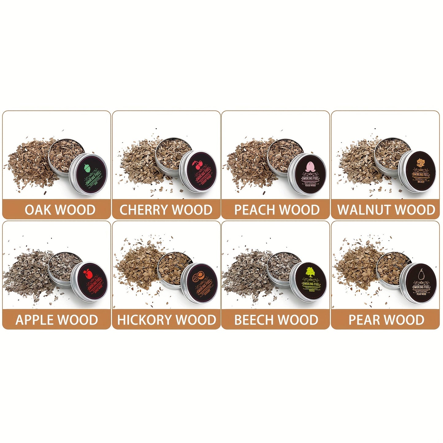 8pcs, Smoked Cocktail Saw Chips, 8 Flavors Saw Chips Including Cherry, Apple, Pecan, Beech, Pear, Walnut, Peach, Oak, BBQ Wood Chips For Smoking, Popular Medium-sized Wood Chips