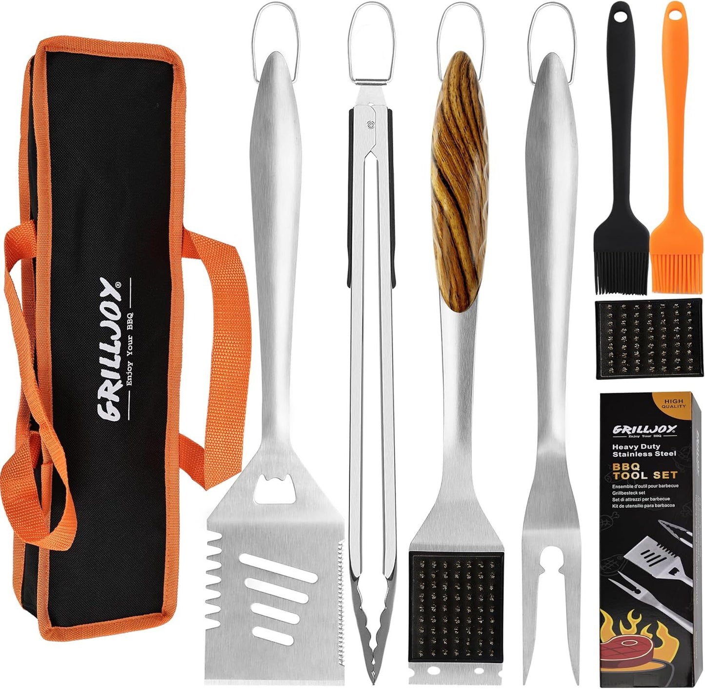 Grilljoy 8PCS Heavy Duty BBQ Grill Tools Set With Extra Thick Stainless Steel Spatula, Fork, Tongs & Cleaning Brush - Complete Barbecue Accessories Kit With Portable Bag - Perfect Grill Gifts For Men