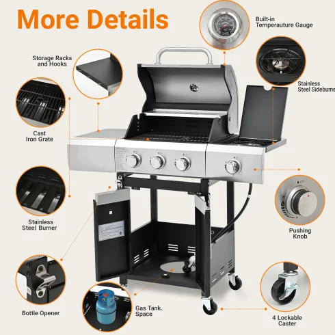 3-Burner Stainless Steel Propane Gas Grill with Automatic Ignition Side Burner Cover for Outdoor BBQ Camping FCJ