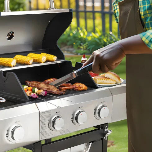 3-Burner Stainless Steel Propane Gas Grill with Automatic Ignition Side Burner Cover for Outdoor BBQ Camping FCJ