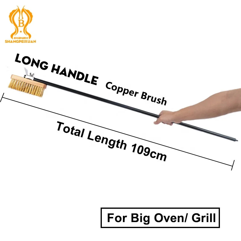 43 Inch Long Handle Pizza Oven Copper Brush Scraper Grill Brass Professional Cleaning Brush with Aluminium Handle