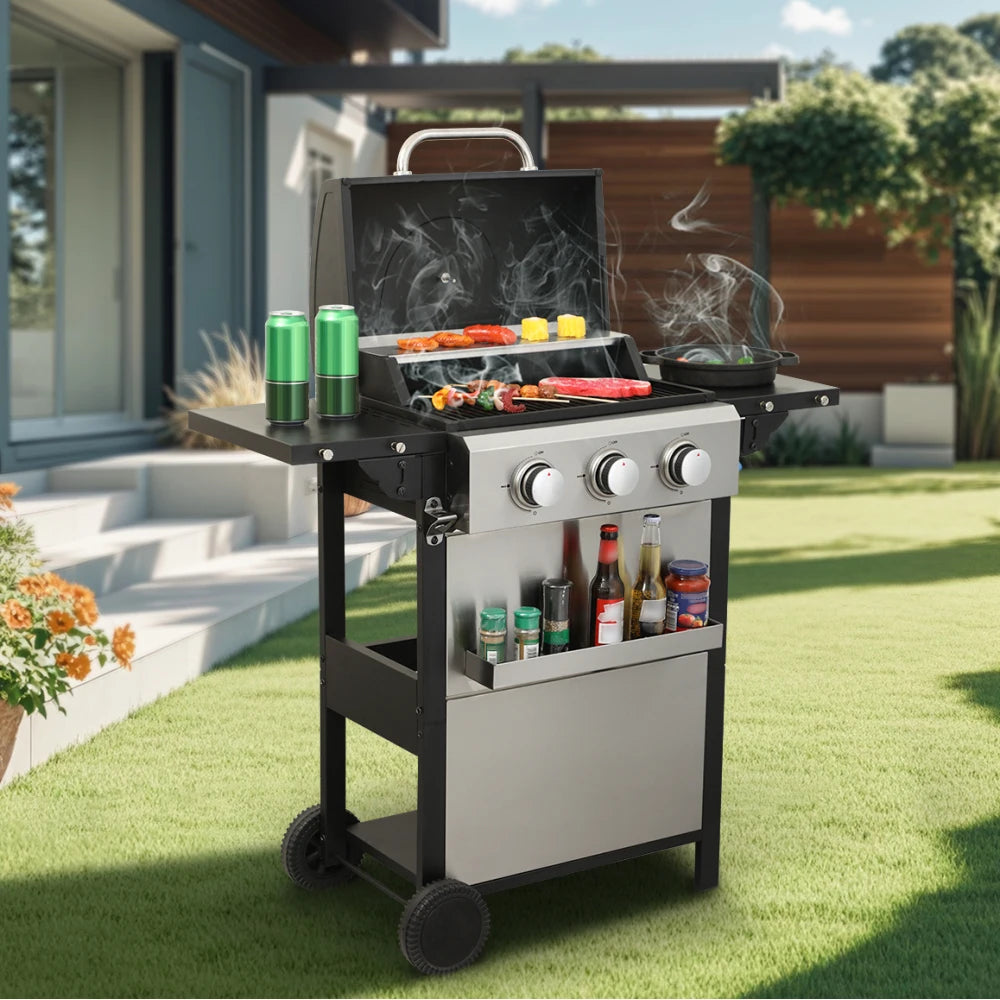 3-Burner Propane Gas BBQ Grill, 25650BTU Output With Wire Enamel Cooking Grids