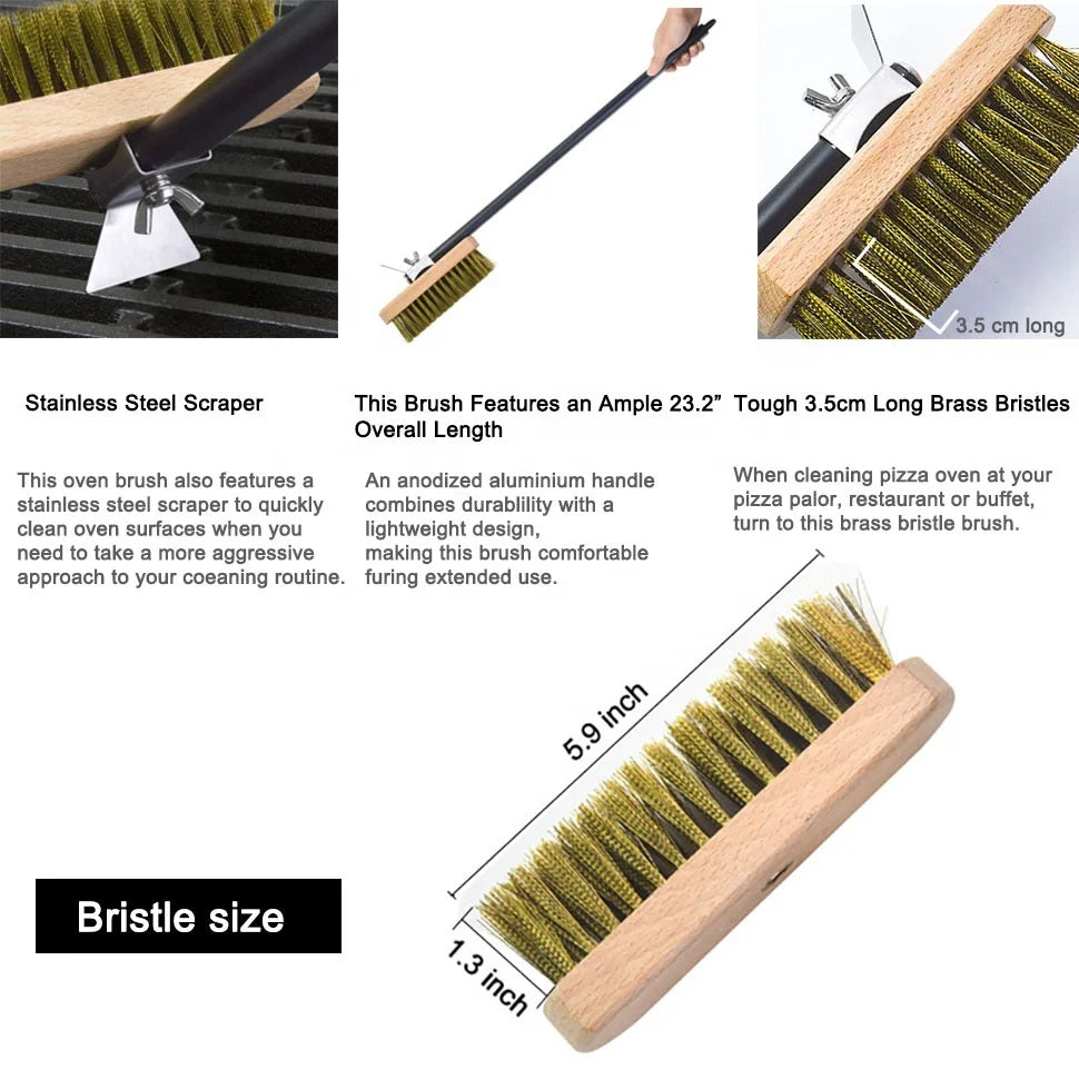43 Inch Long Handle Pizza Oven Copper Brush Scraper Grill Brass Professional Cleaning Brush with Aluminium Handle