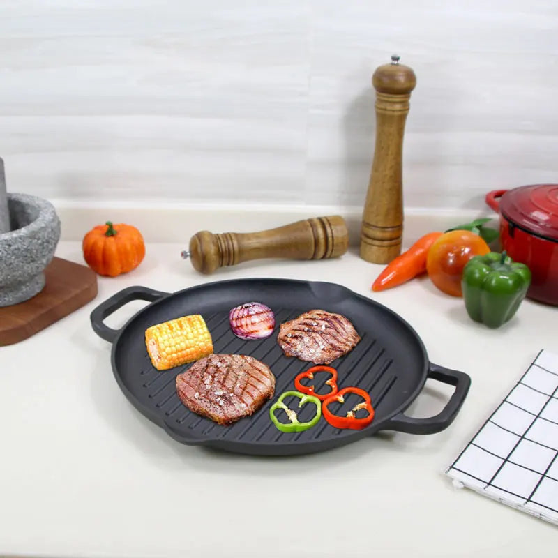 12.6" Custom Round Cast Iron Non-Stick Sandwich BBQ Grill Pan Griddle Pan Roasting Pan with Ribs