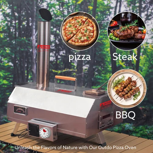 12-Station Stainless Steel Outdoor Pizza Oven Automatic Rotator Portable Wood Fired BBQ Accessory Featuring Built-In Thermometer