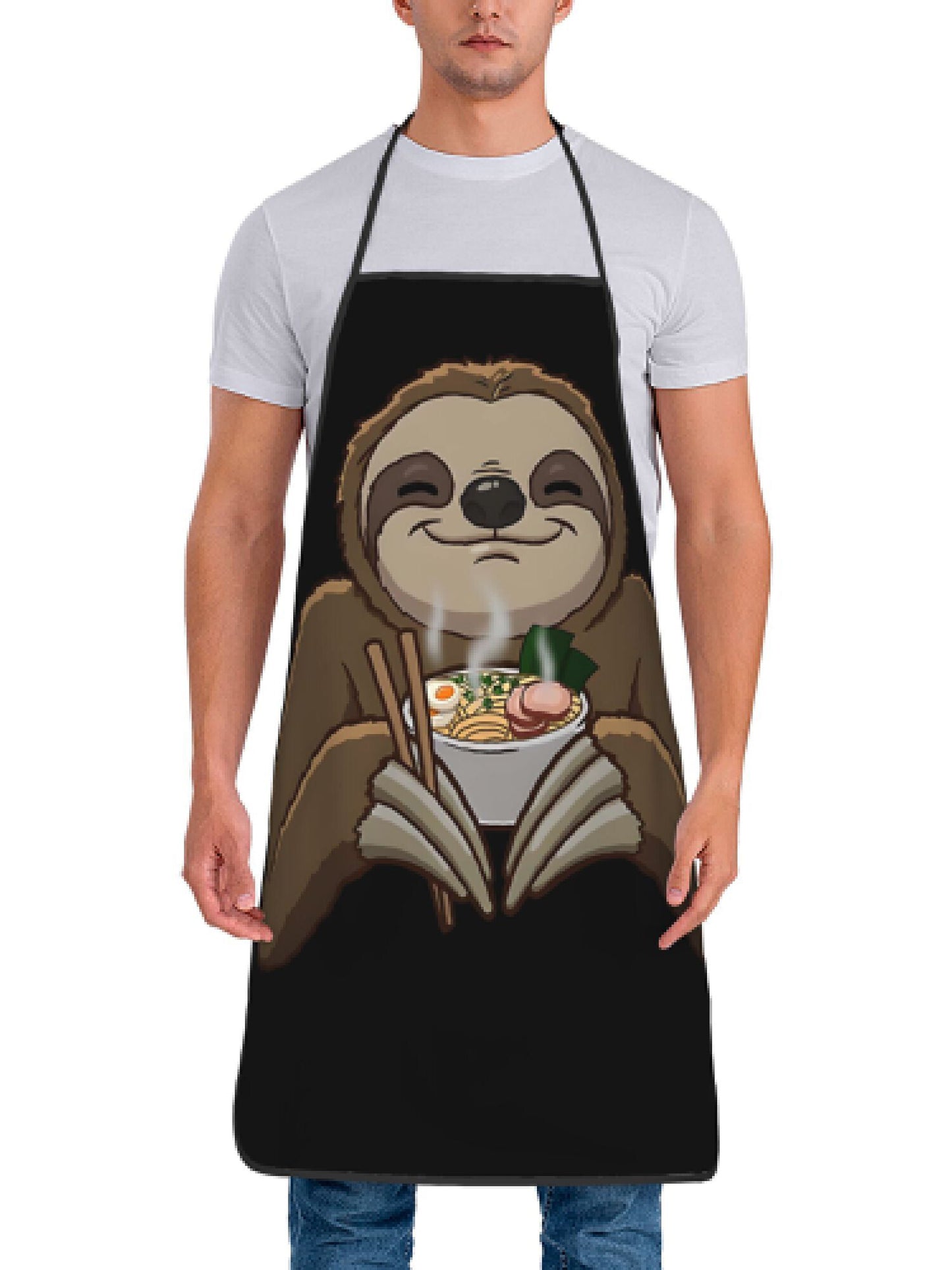 Vintage Sloth Ramen Print Apron, 100% Polyester Woven Fabric, Adjustable Cooking Apron for Household Use