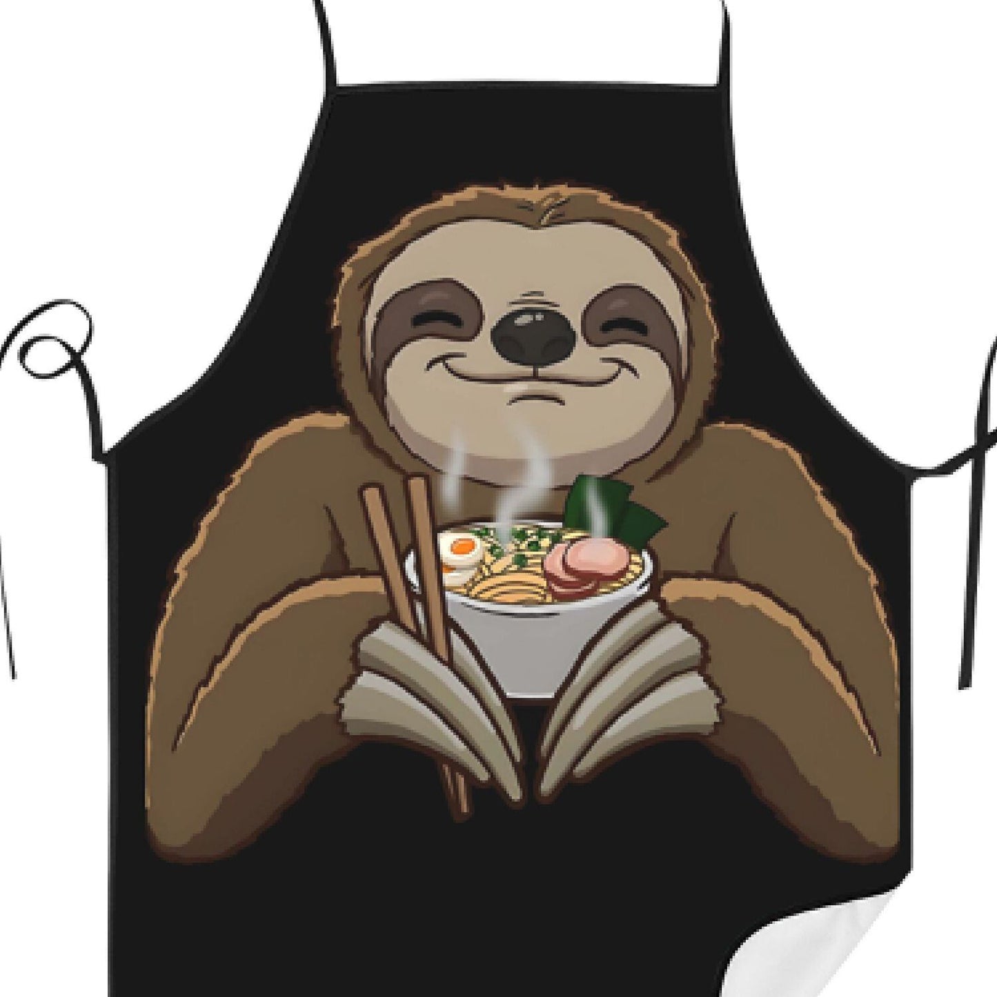 Vintage Sloth Ramen Print Apron, 100% Polyester Woven Fabric, Adjustable Cooking Apron for Household Use
