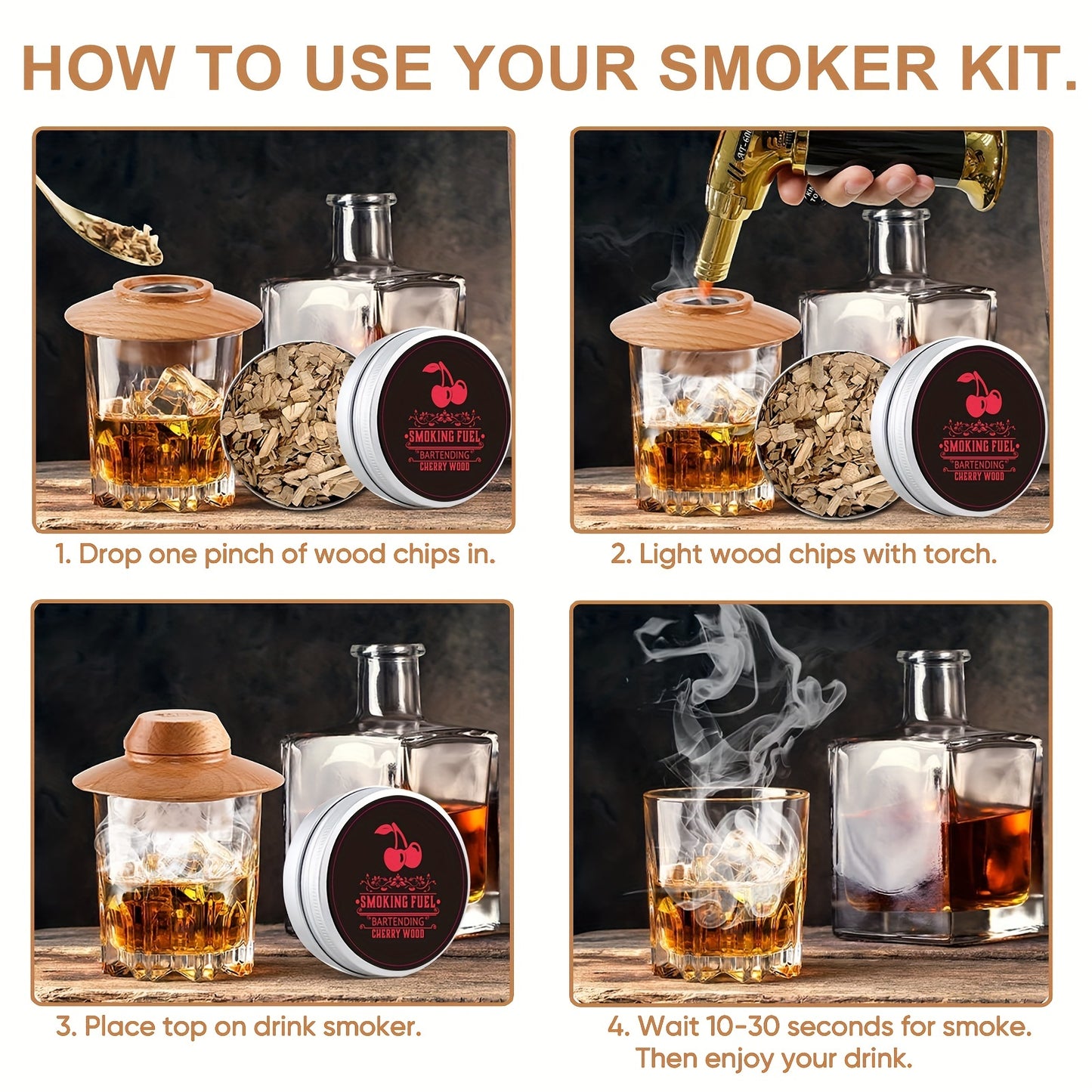 8pcs, Smoked Cocktail Saw Chips, 8 Flavors Saw Chips Including Cherry, Apple, Pecan, Beech, Pear, Walnut, Peach, Oak, BBQ Wood Chips For Smoking, Popular Medium-sized Wood Chips