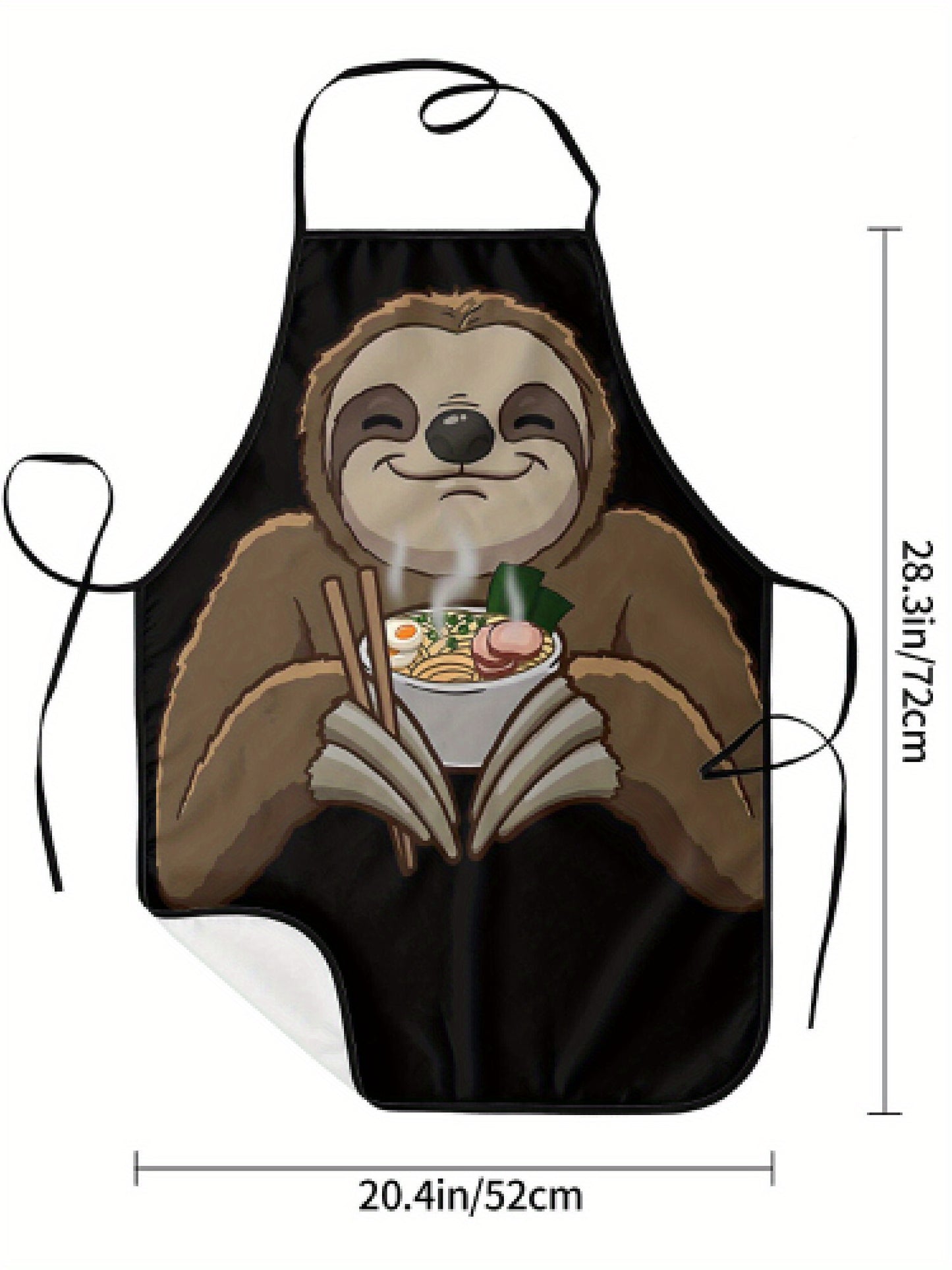 Vintage Sloth Ramen Print Apron, 100% Polyester Woven Fabric, Adjustable Cooking Apron for Household Use