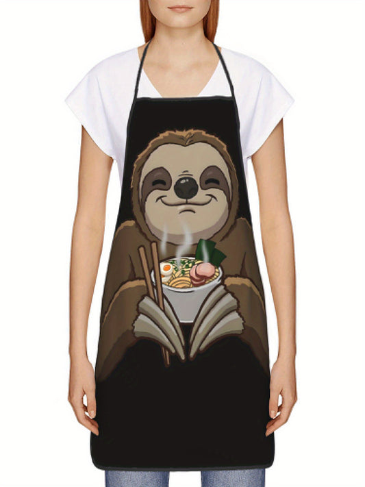 Vintage Sloth Ramen Print Apron, 100% Polyester Woven Fabric, Adjustable Cooking Apron for Household Use