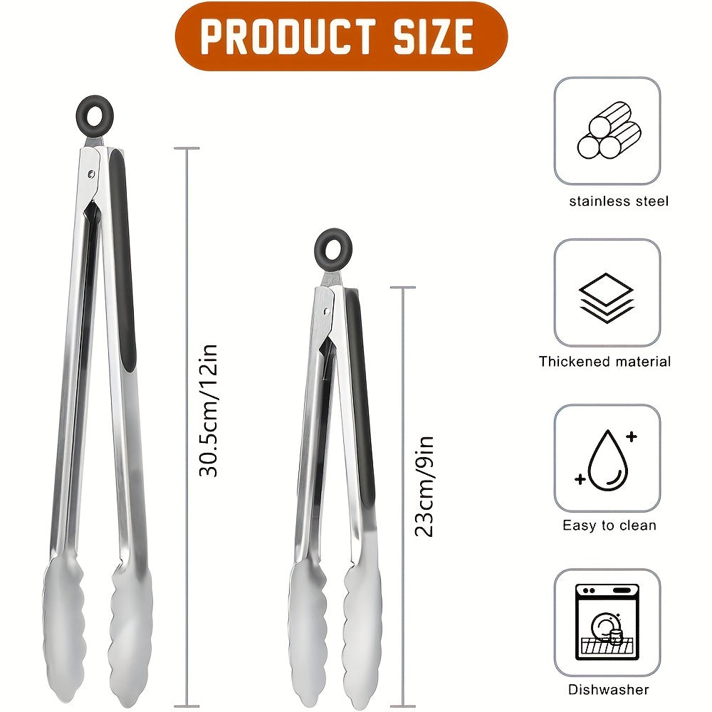 1/2pcs, Stainless Steel Kitchen Tongs, Silicone Non-slip Handle, Lockable Barbecue Food Clip, 9 Inches And 12 Inches, Premium Silicone Rubber Grips, Independence Day Halloween Christmas Party Supplies Camping BBQ Accessories