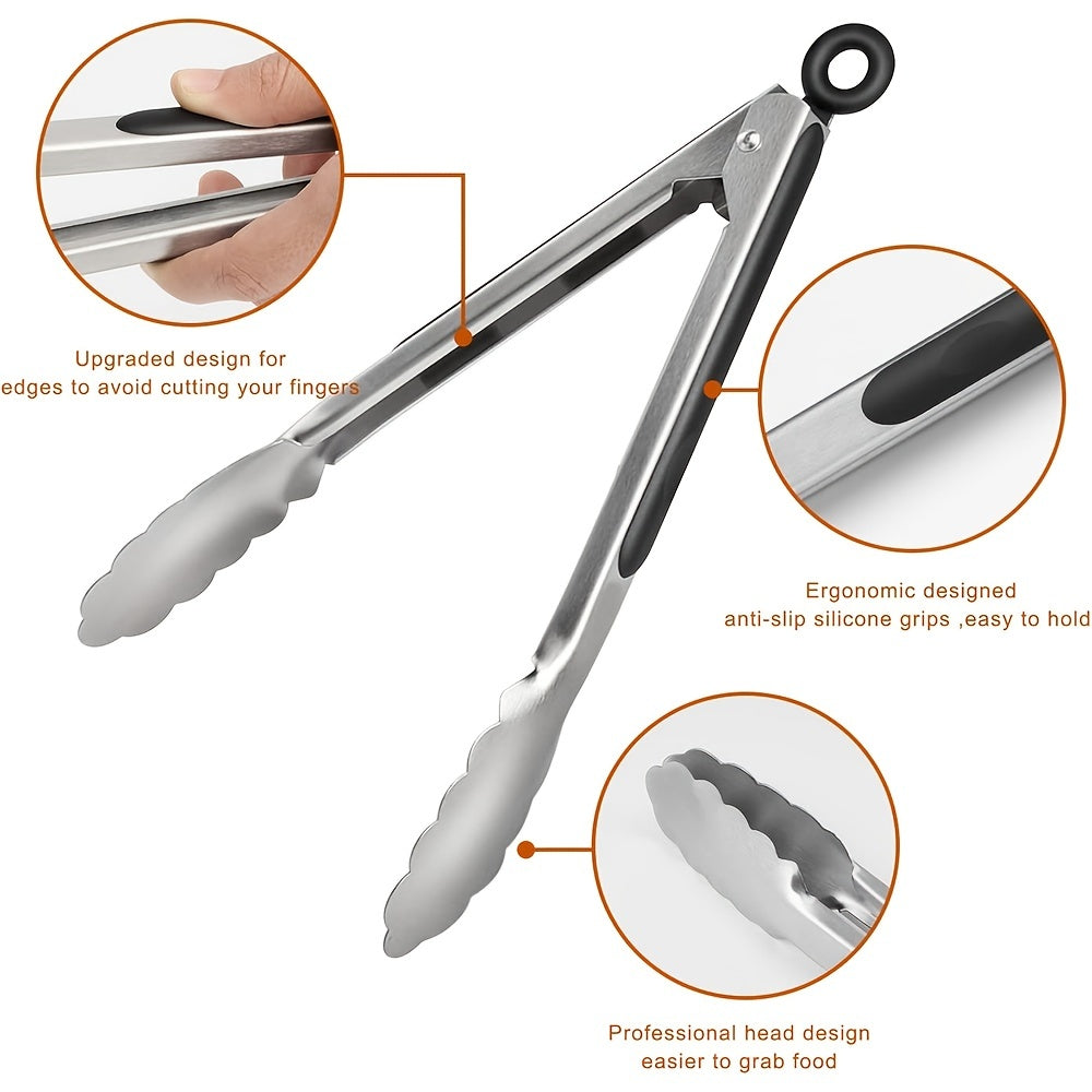 1/2pcs, Stainless Steel Kitchen Tongs, Silicone Non-slip Handle, Lockable Barbecue Food Clip, 9 Inches And 12 Inches, Premium Silicone Rubber Grips, Independence Day Halloween Christmas Party Supplies Camping BBQ Accessories