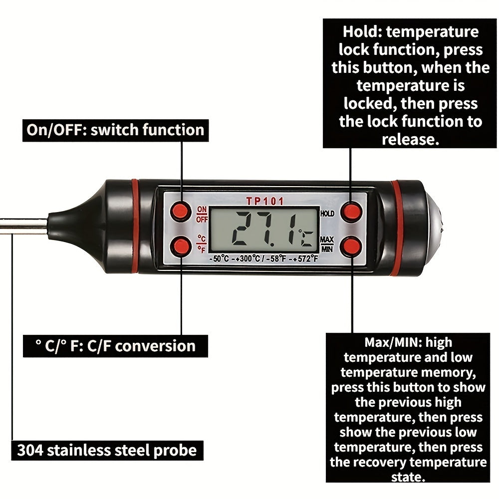 1pc Instant Read Digital Meat Thermometer with Probe - Stainless Steel, LCD Display, -200°C to 550°C Range - Perfect for BBQ, Cooking, Grilling, and Candy Making