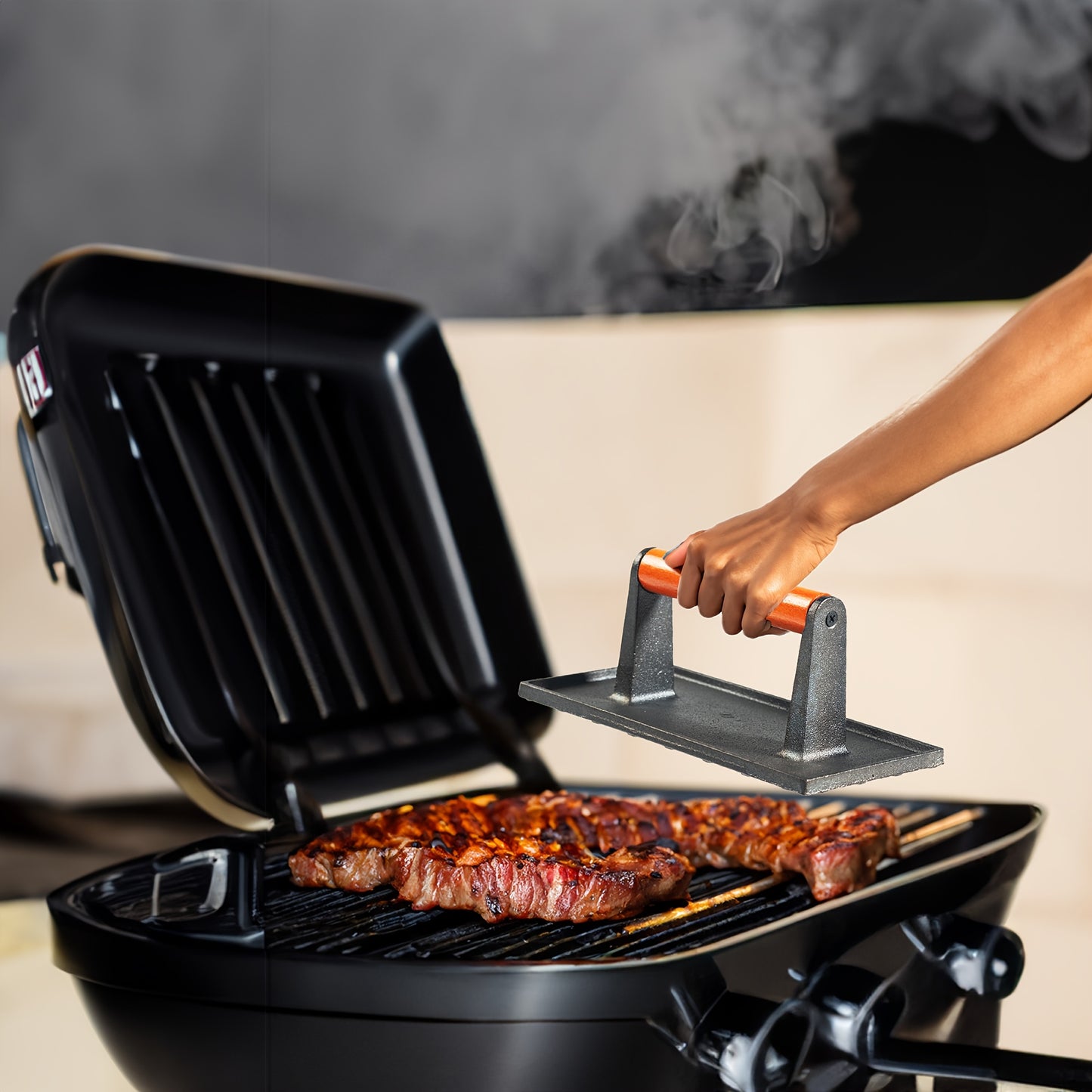 Griddle Press, Grill Press, Meat Press, Cast Iron Grill Press With Wooden Handle, Outdoor Camping BBQ Tool