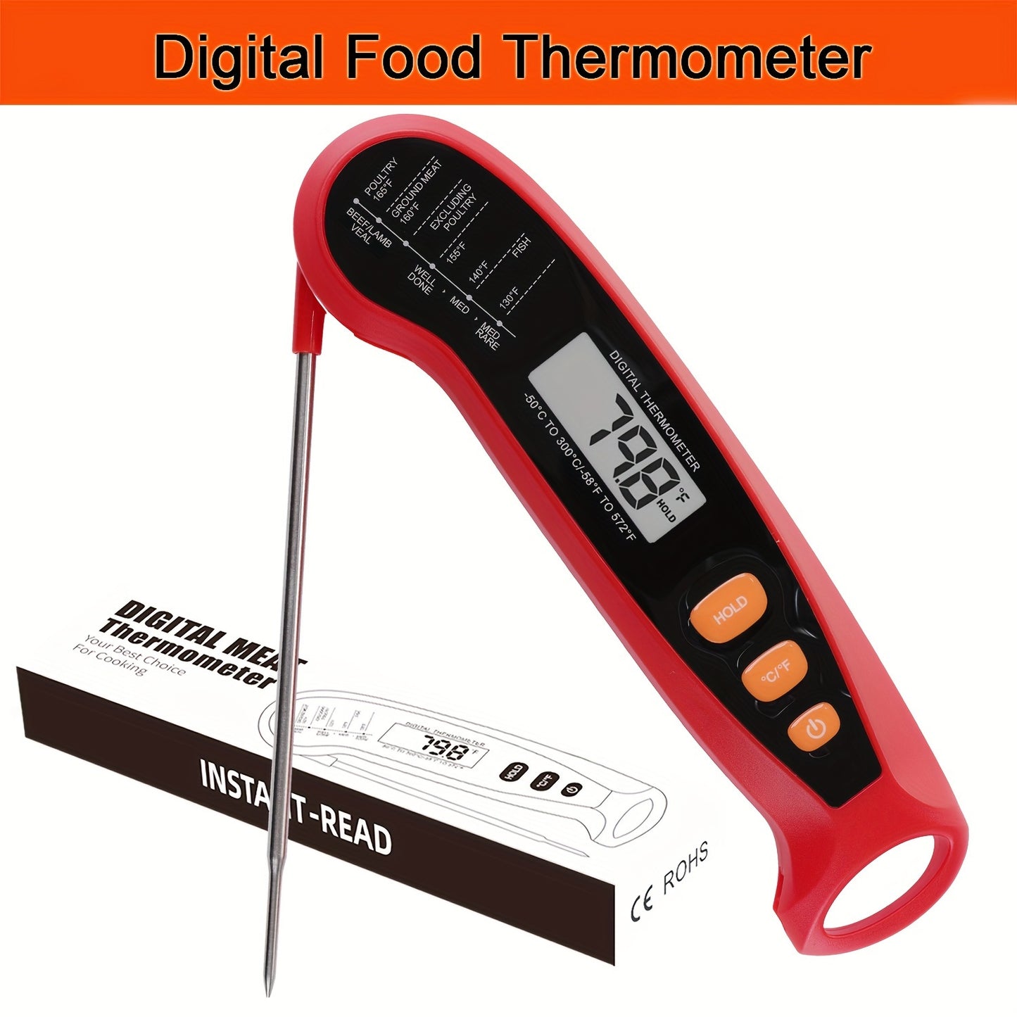 1pc Digital Meat Thermometer with Probe - Instant Read Food Thermometer for Cooking, Baking, Liquids, Candy, Grilling, BBQ, Air Fryer - Accurate, Fast, Easy-to-Use Kitchen Accessory for Perfectly Cooked Meals
