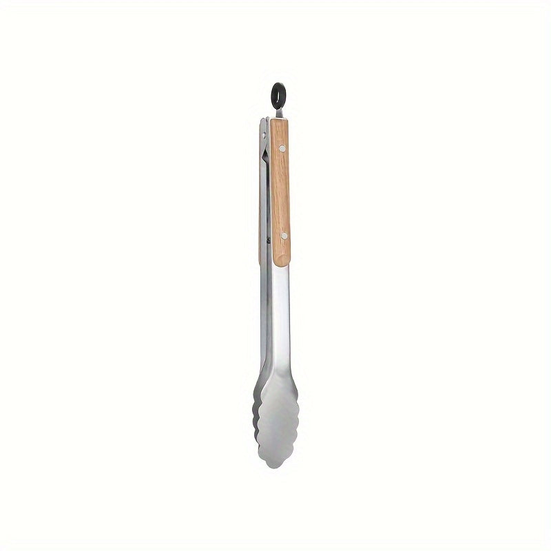 Premium Stainless Steel Serving Tongs with Oak Handle - Extended BBQ & Steak Clips for Kitchen and Dining
