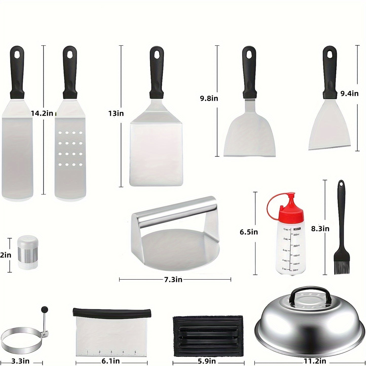 25pcs Stainless Steel Griddle Grill Accessories Set, Professional Flat Top BBQ Tools With Extended Spatulas, Scrapers, Egg Rings, Squeeze Bottles, For Outdoor Barbecue And Camping Chef Use