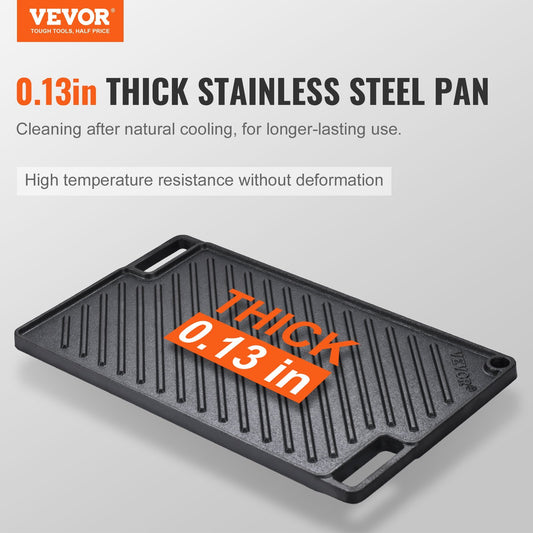 VEVOR Reversible Grill Griddle, Pre-Seasoned Cast Iron Griddle, Rectangular Double Burner Griddle Pan, Non-Stick Family Pan Cookware With Handles, Flat Top Plate For BBQ, Gas Grill, Black