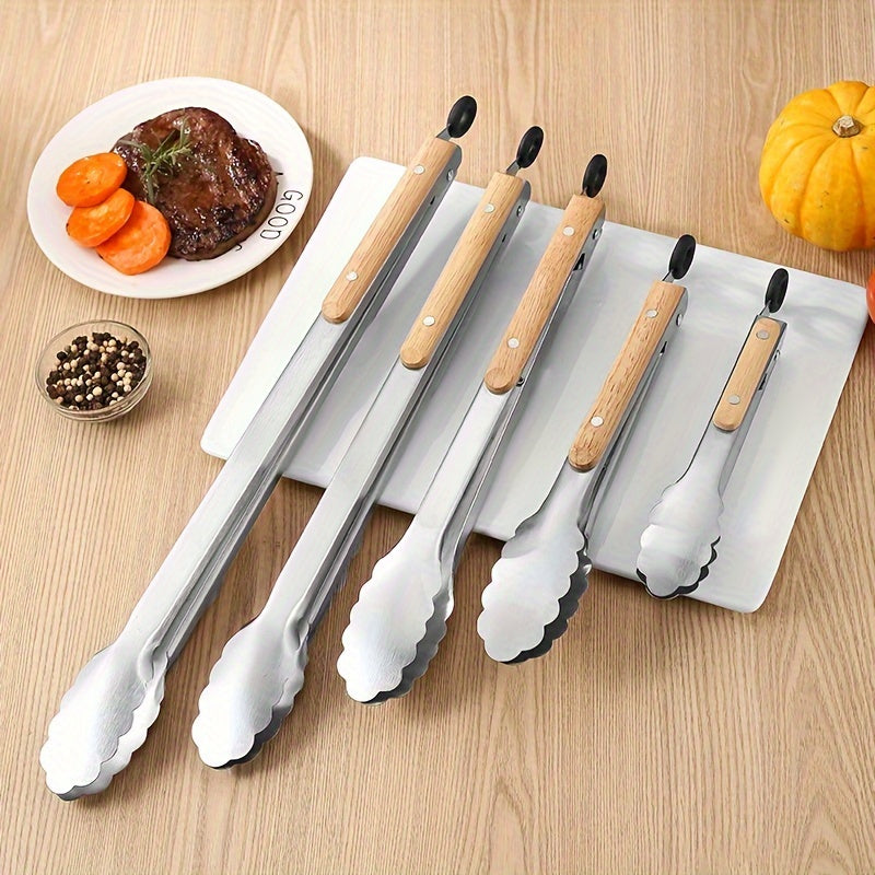 Premium Stainless Steel Serving Tongs with Oak Handle - Extended BBQ & Steak Clips for Kitchen and Dining