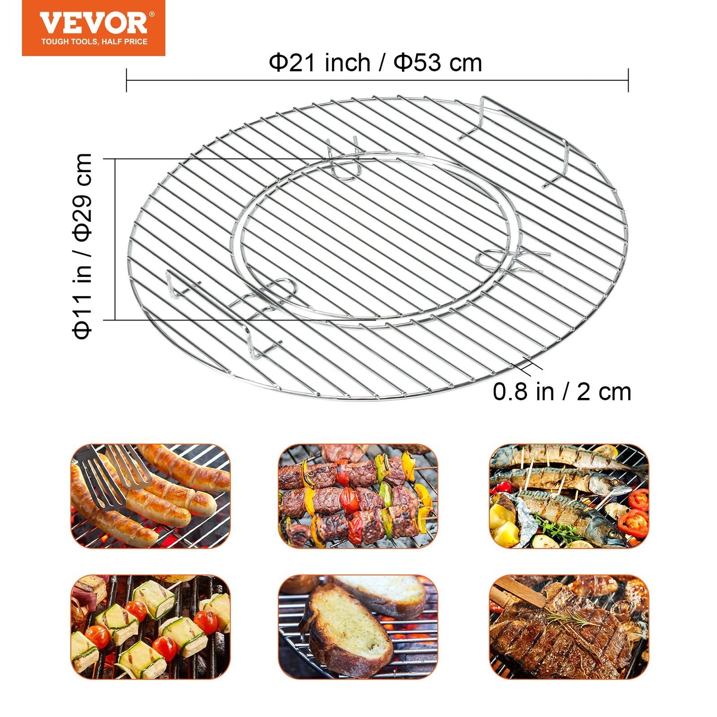 VEVOR 21 Inch Cooking Grate For 21 Inch Kettle Grill, Round Replacement Charcoal Grates, Iron Gas Grill Replacement Parts For Outdoor Cooking, Barbecue Camping, Picnic, Patio And Backyard, Silver