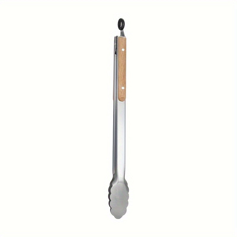 Premium Stainless Steel Serving Tongs with Oak Handle - Extended BBQ & Steak Clips for Kitchen and Dining