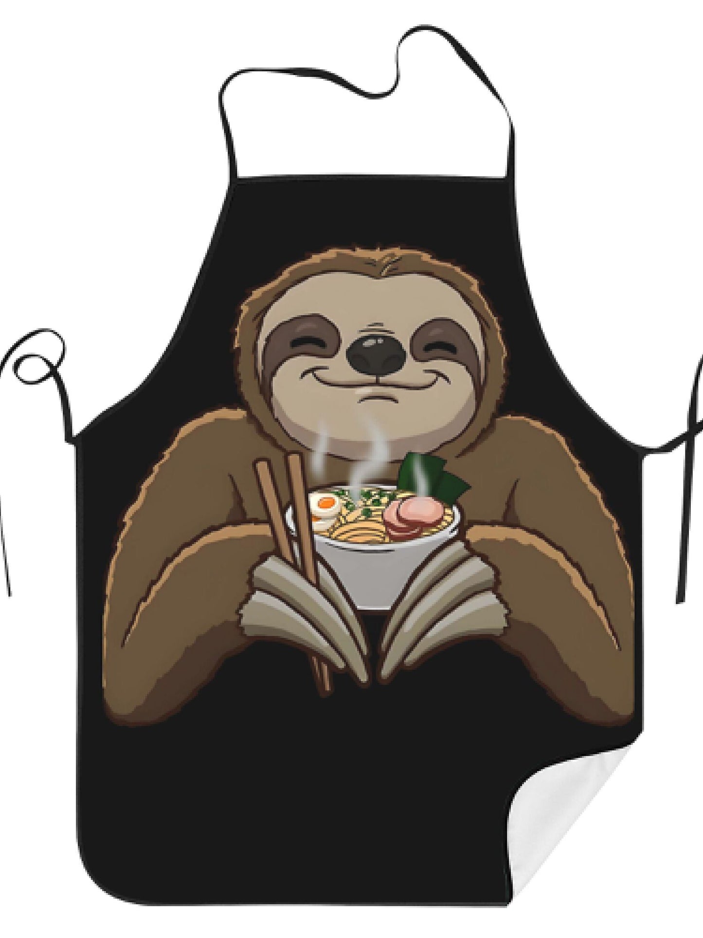 Vintage Sloth Ramen Print Apron, 100% Polyester Woven Fabric, Adjustable Cooking Apron for Household Use