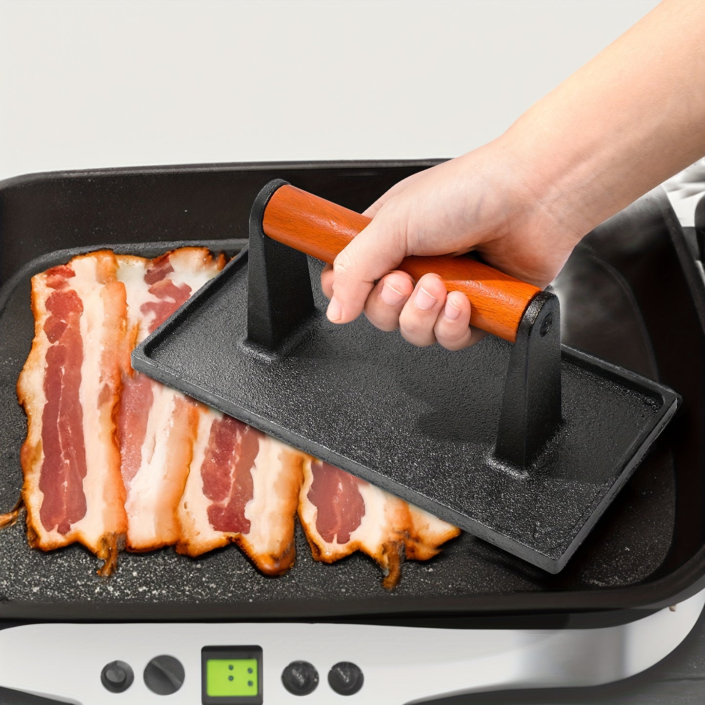 Griddle Press, Grill Press, Meat Press, Cast Iron Grill Press With Wooden Handle, Outdoor Camping BBQ Tool