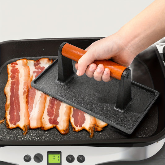 Griddle Press, Grill Press, Meat Press, Cast Iron Grill Press With Wooden Handle, Outdoor Camping BBQ Tool