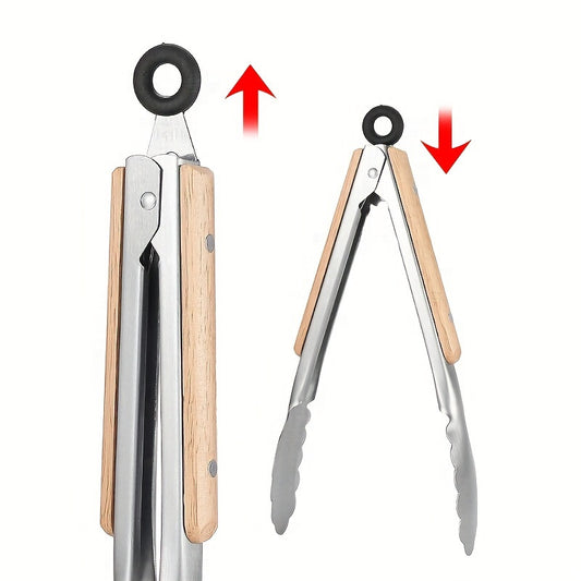 Premium Stainless Steel Serving Tongs with Oak Handle - Extended BBQ & Steak Clips for Kitchen and Dining