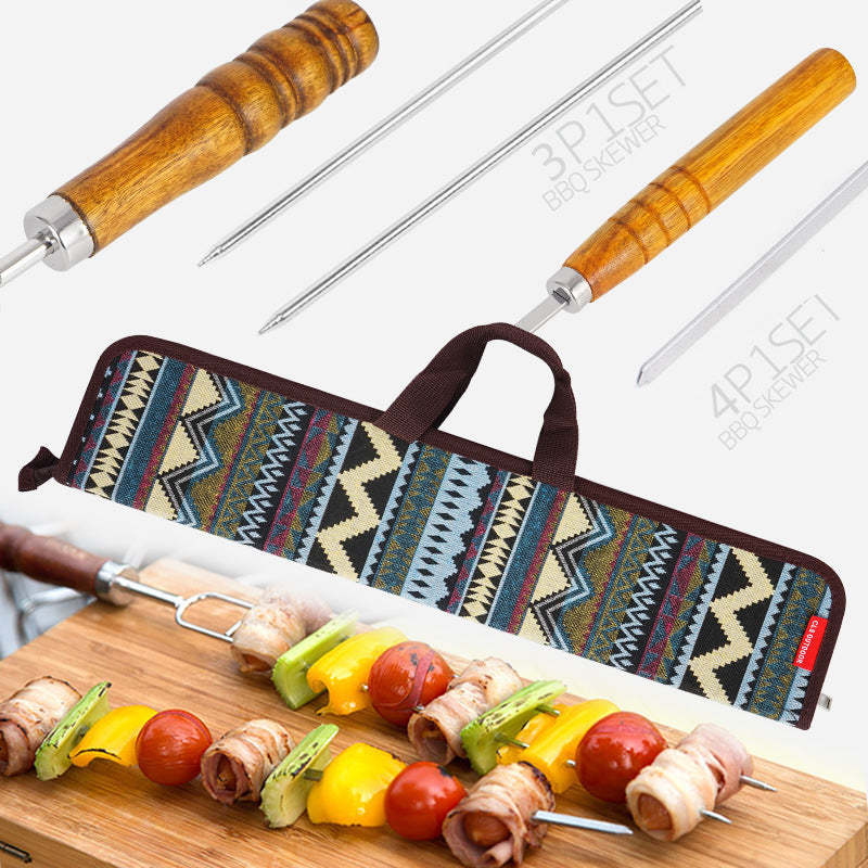 Barbecue Skewer Portable Stainless Steel U Shaped Picnic 7 Piece Set With Wooden Handle