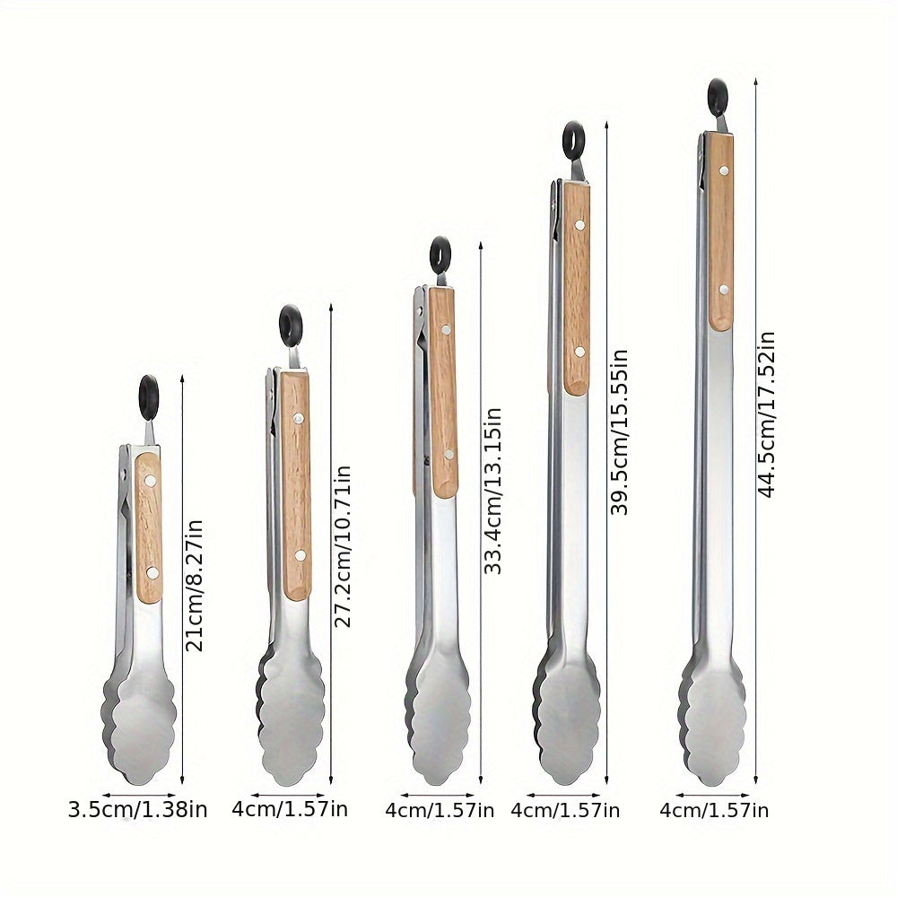 Premium Stainless Steel Serving Tongs with Oak Handle - Extended BBQ & Steak Clips for Kitchen and Dining