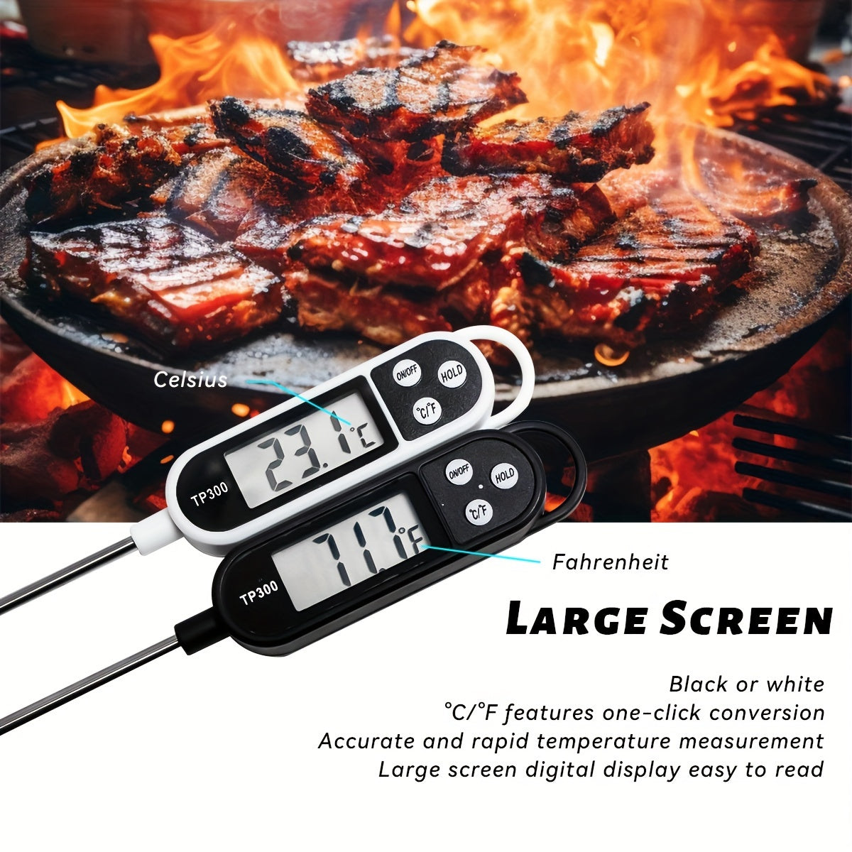 1pc Digital Food Thermometer with Stainless Steel Probe - Accurate Meat and BBQ Cooking Temperature, Instant Read for Baking and Grilling, Includes AA Battery, Kitchen Temperature Tool|Sleek Digital Thermometer|Plastic Body T