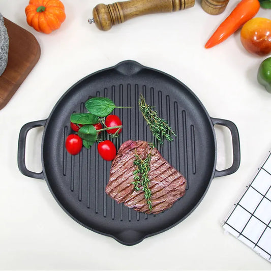 Cookwin 32cm 12.6" Round Pre-seasoned Cast Iron Metal Stove Top BBQ Grill Plate