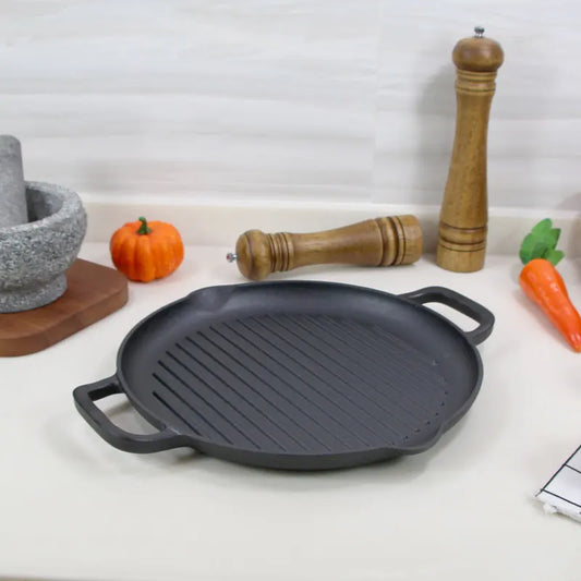 12.6" Custom Round Cast Iron Non-Stick Sandwich BBQ Grill Pan Griddle Pan Roasting Pan with Ribs