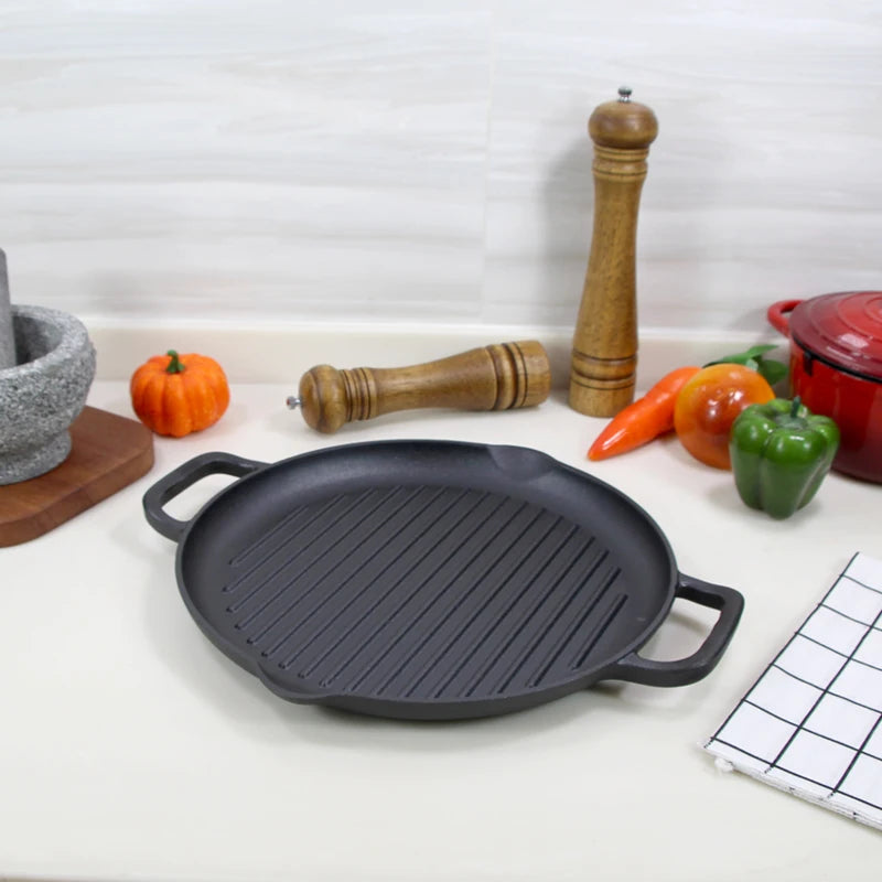 Cookwin 32cm 12.6" Round Pre-seasoned Cast Iron Metal Stove Top BBQ Grill Plate