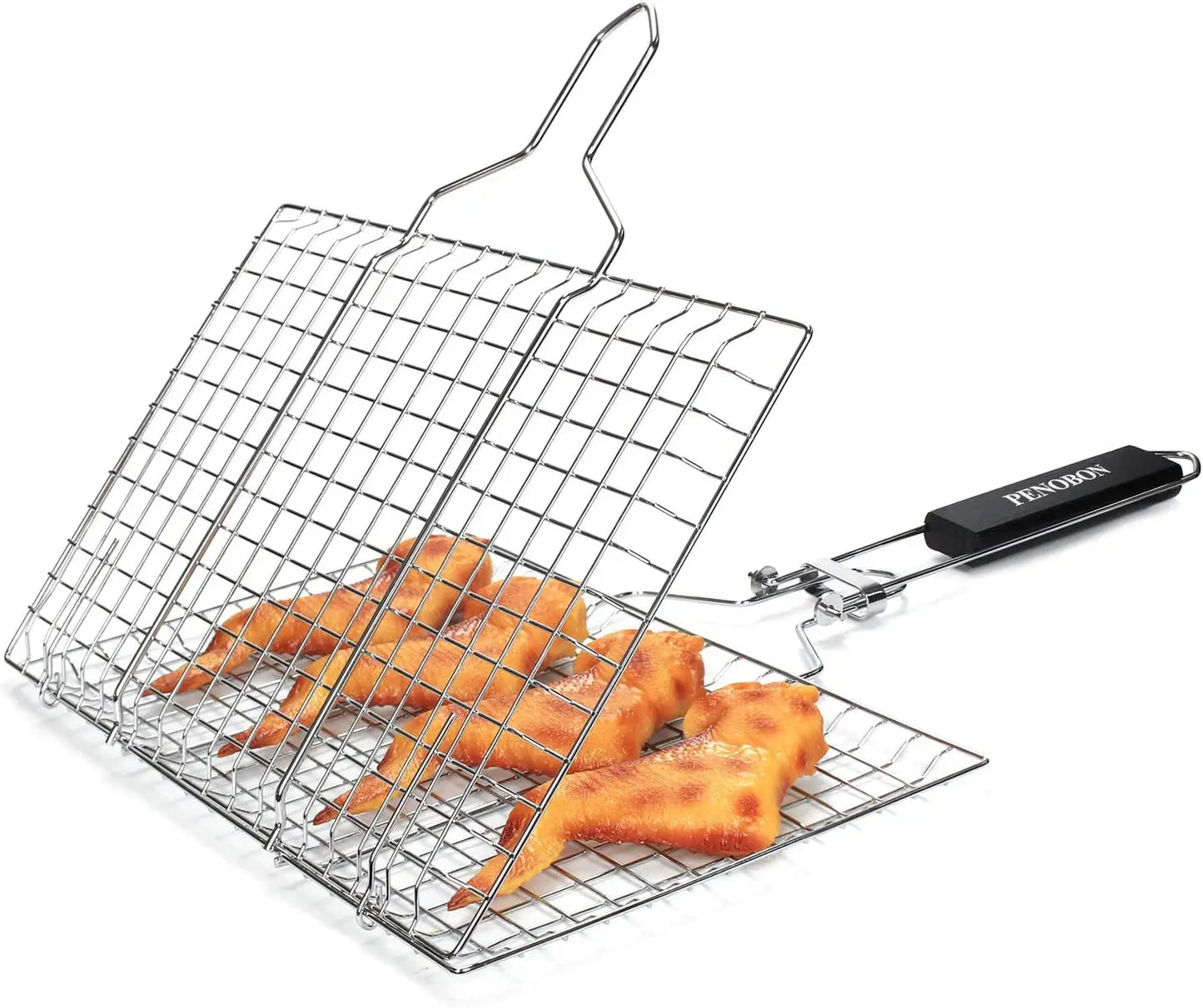Fish Grilling Folding Portable Stainless Steel BBQ Grill Basket for Vegetables Shrimp Come with Basting Brush and Storage Bag
