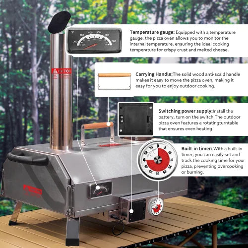 12-Station Stainless Steel Outdoor Pizza Oven Automatic Rotator Portable Wood Fired BBQ Accessory Featuring Built-In Thermometer