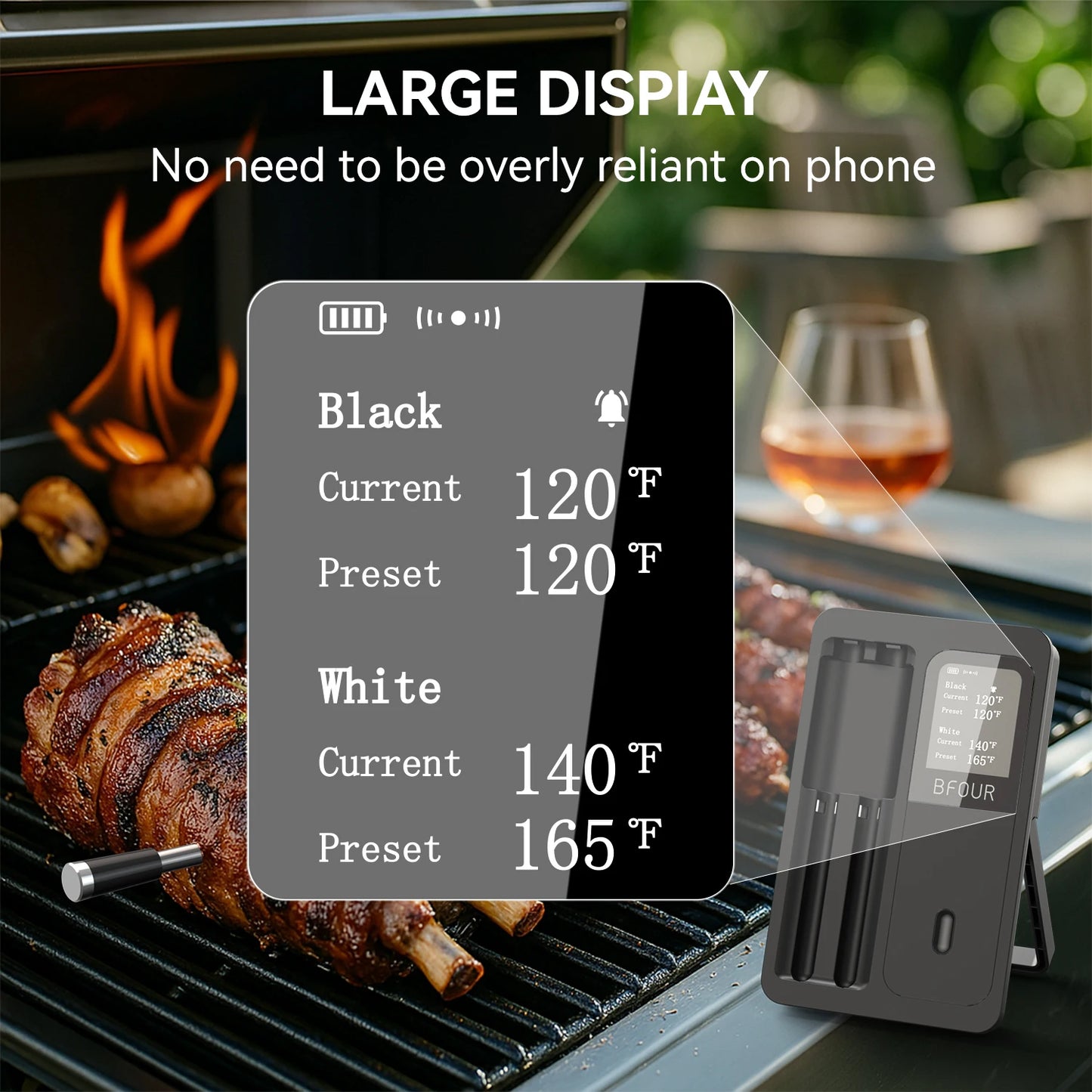 500FT Remote Monitoring Smart Bluetooth Wireless Meat Thermometer Cooking for Grilling, Smoking, Oven, BBQ, Rotisserie