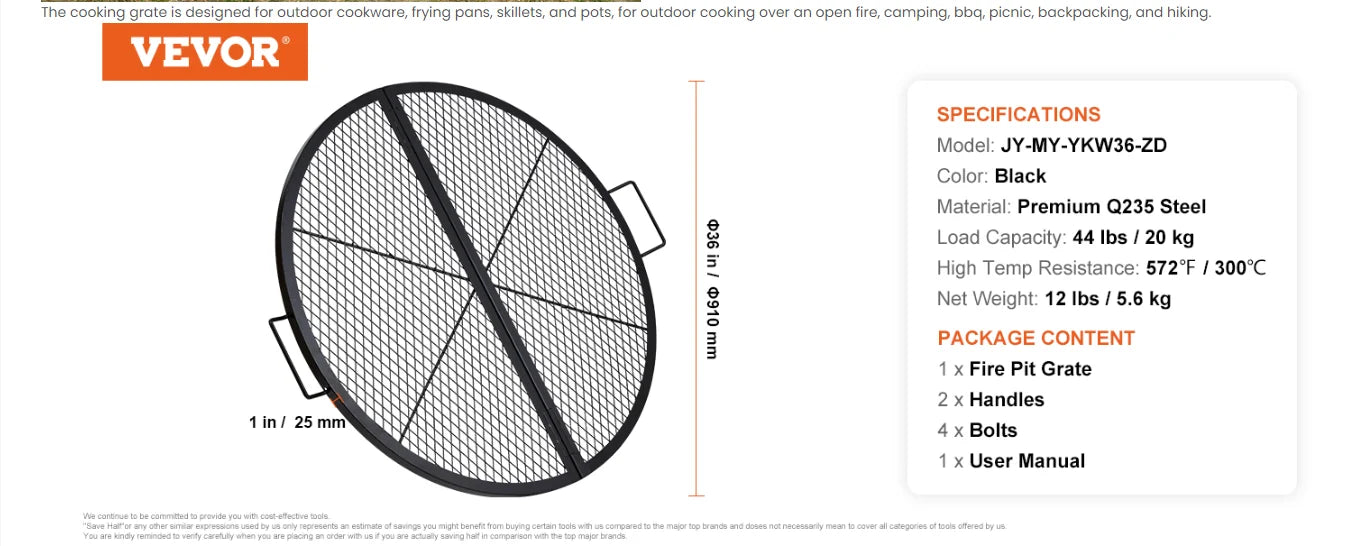 VEVOR X-Marks Fire Pit Grill Grate Foldable Round Cooking Grate BBQ Grid with Handle Support X Wire Portable Camping Cookware