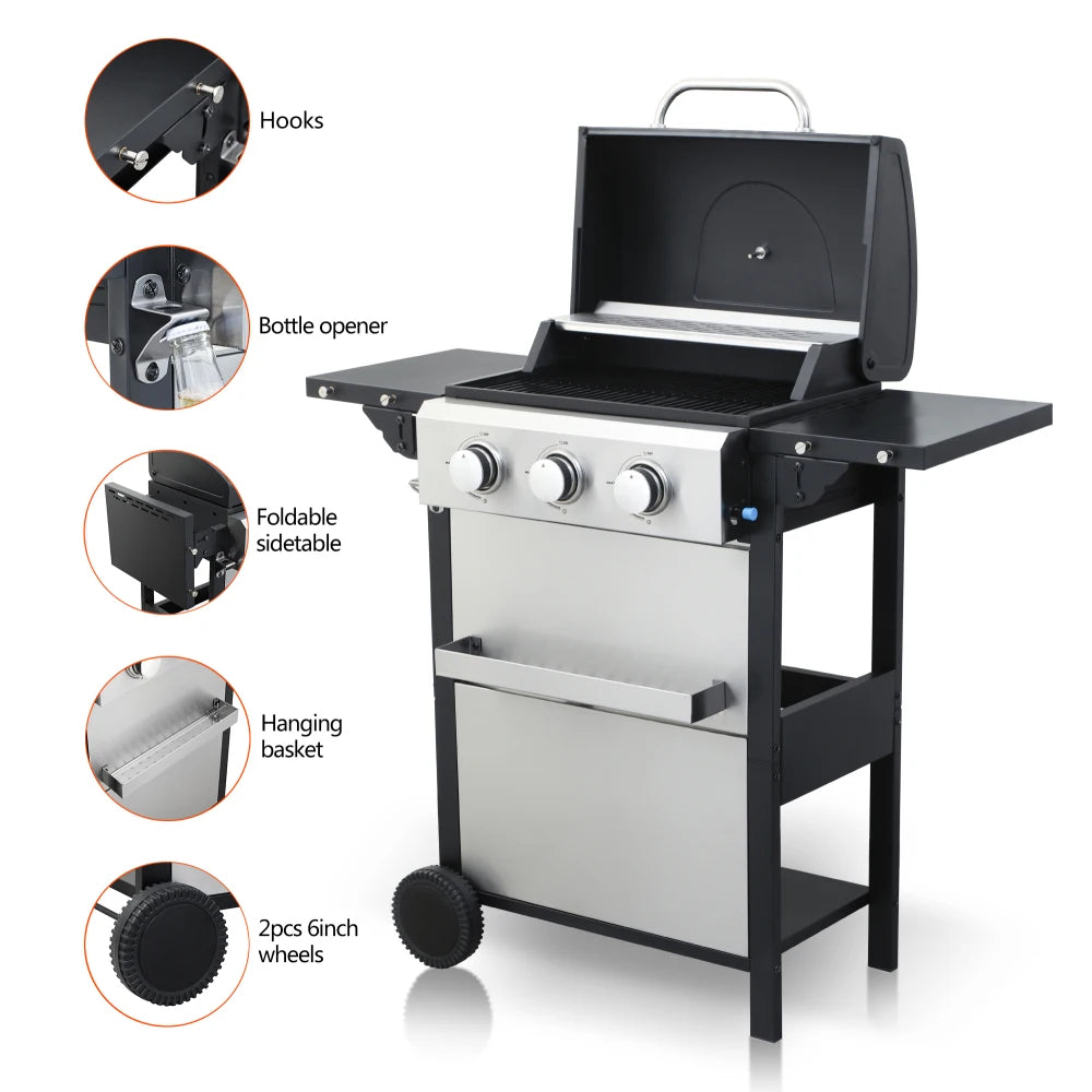 3-Burner Propane Gas BBQ Grill, 25650BTU Output With Wire Enamel Cooking Grids