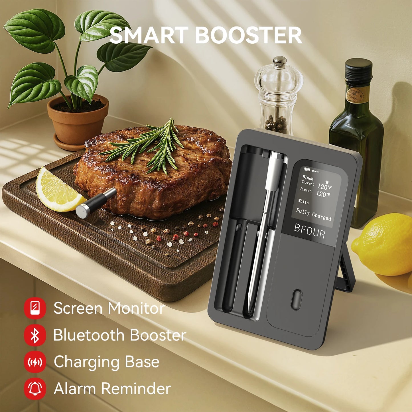 500FT Remote Monitoring Smart Bluetooth Wireless Meat Thermometer Cooking for Grilling, Smoking, Oven, BBQ, Rotisserie