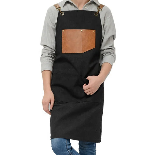 Black Mens Thick Canvas PU Leather Apron for Florista