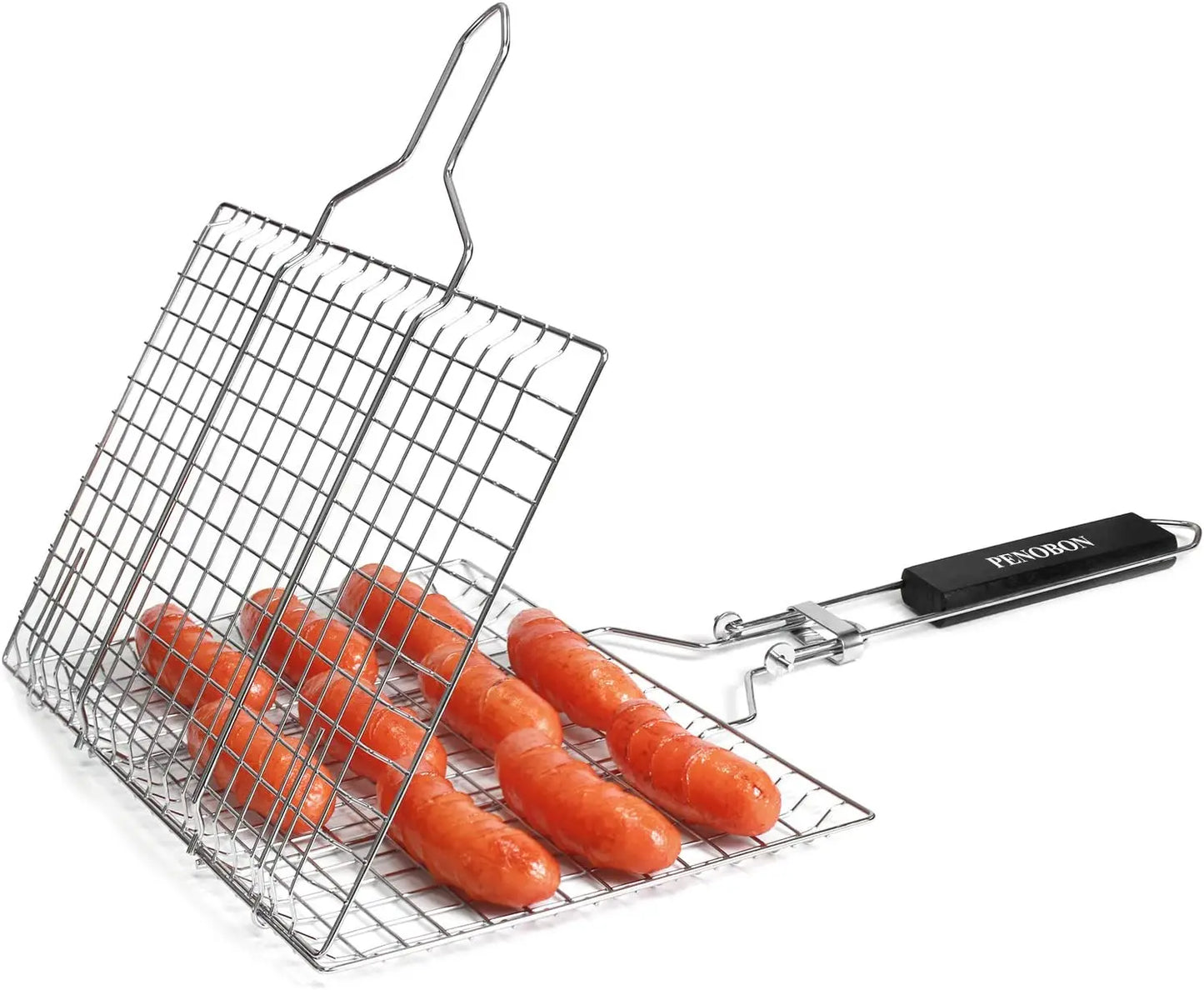 Fish Grilling Folding Portable Stainless Steel BBQ Grill Basket for Vegetables Shrimp Come with Basting Brush and Storage Bag