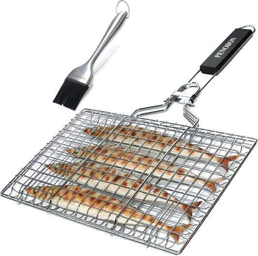 Fish Grilling Folding Portable Stainless Steel BBQ Grill Basket for Vegetables Shrimp Come with Basting Brush and Storage Bag