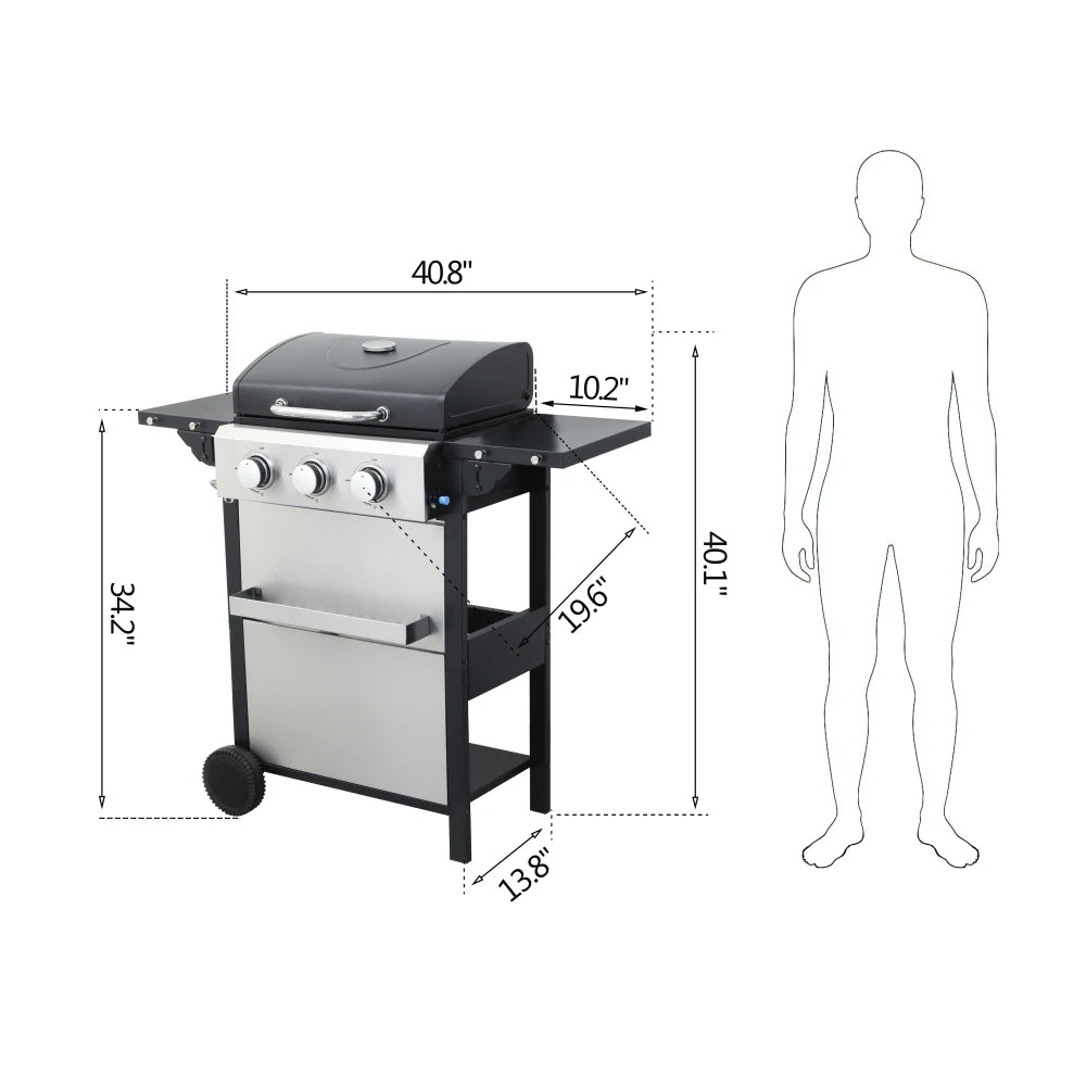 3-Burner Propane Gas BBQ Grill, 25650BTU Output With Wire Enamel Cooking Grids